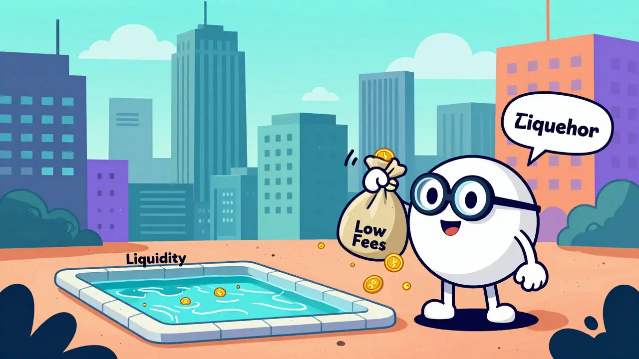 Whimsical cartoon showing low trading fees but shallow liquidity pools compared to giant competitor exchanges.