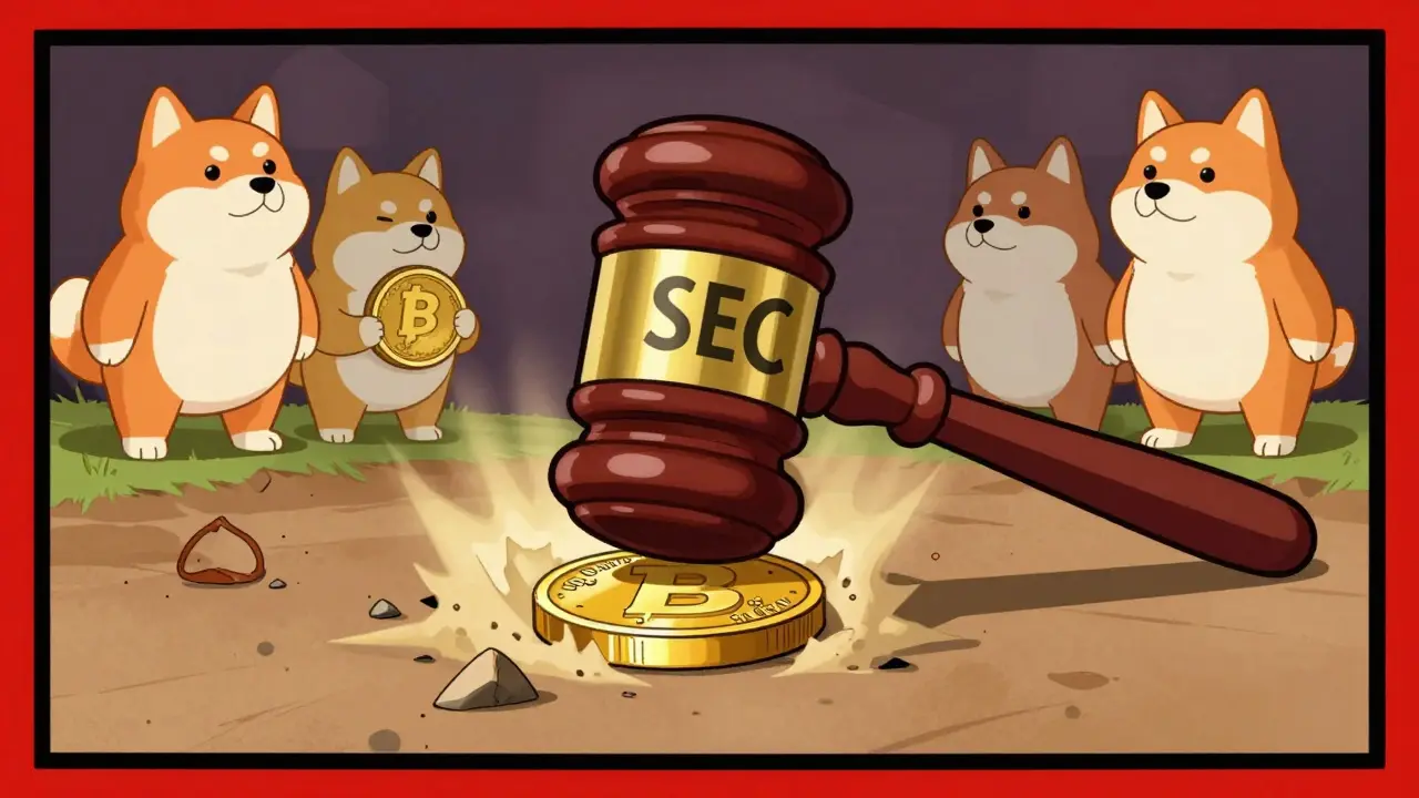 A giant gavel striking a worthless token while healthy coins watch safely.