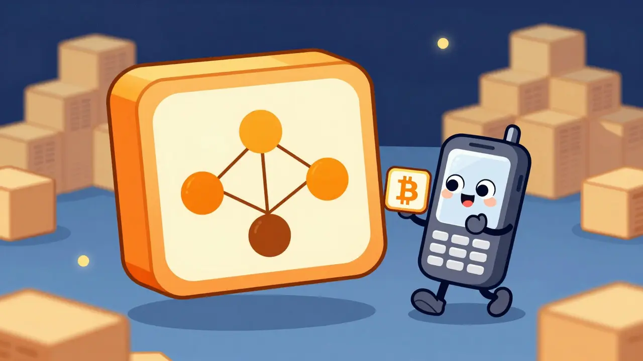 Animated phone character holding a small Merkle proof, avoiding a huge data mountain.