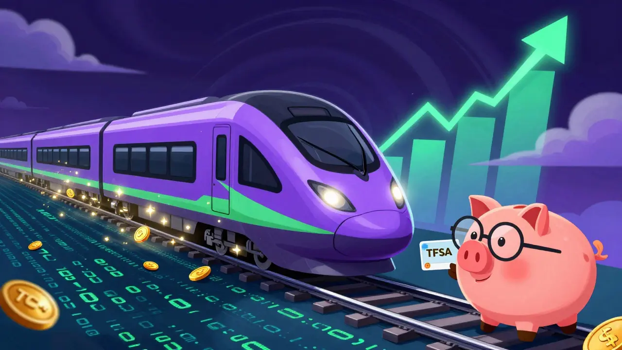 Animated Solana blockchain train speeding past a piggy bank with tax benefits