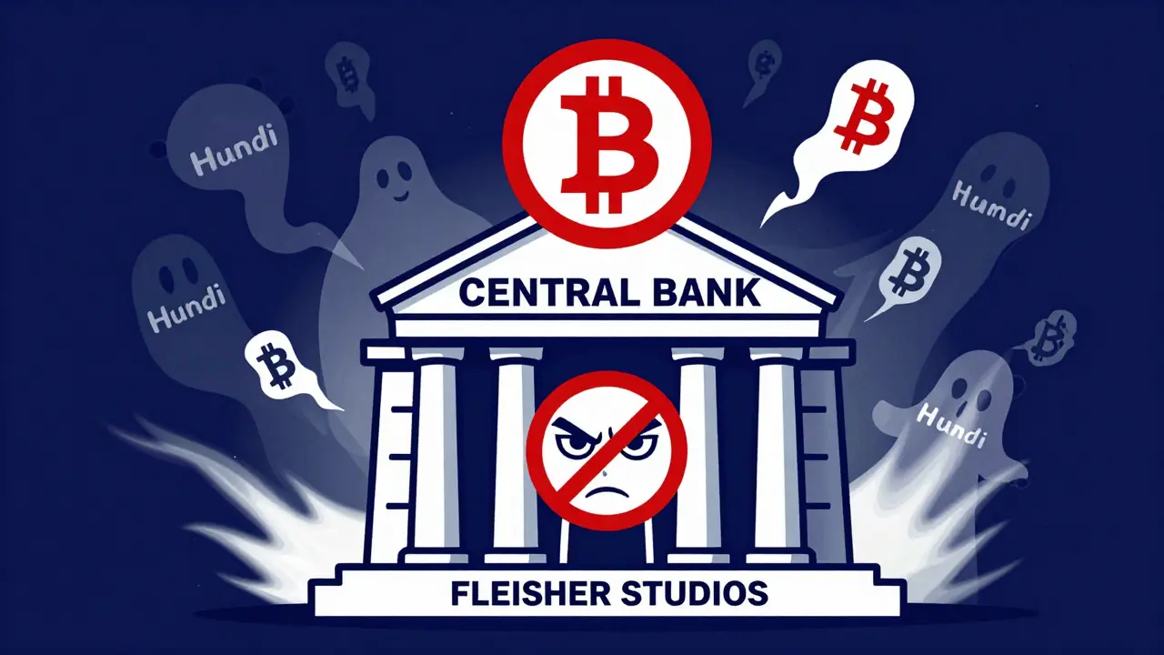 Anthropomorphic bank blocking Bitcoin in vintage cartoon style