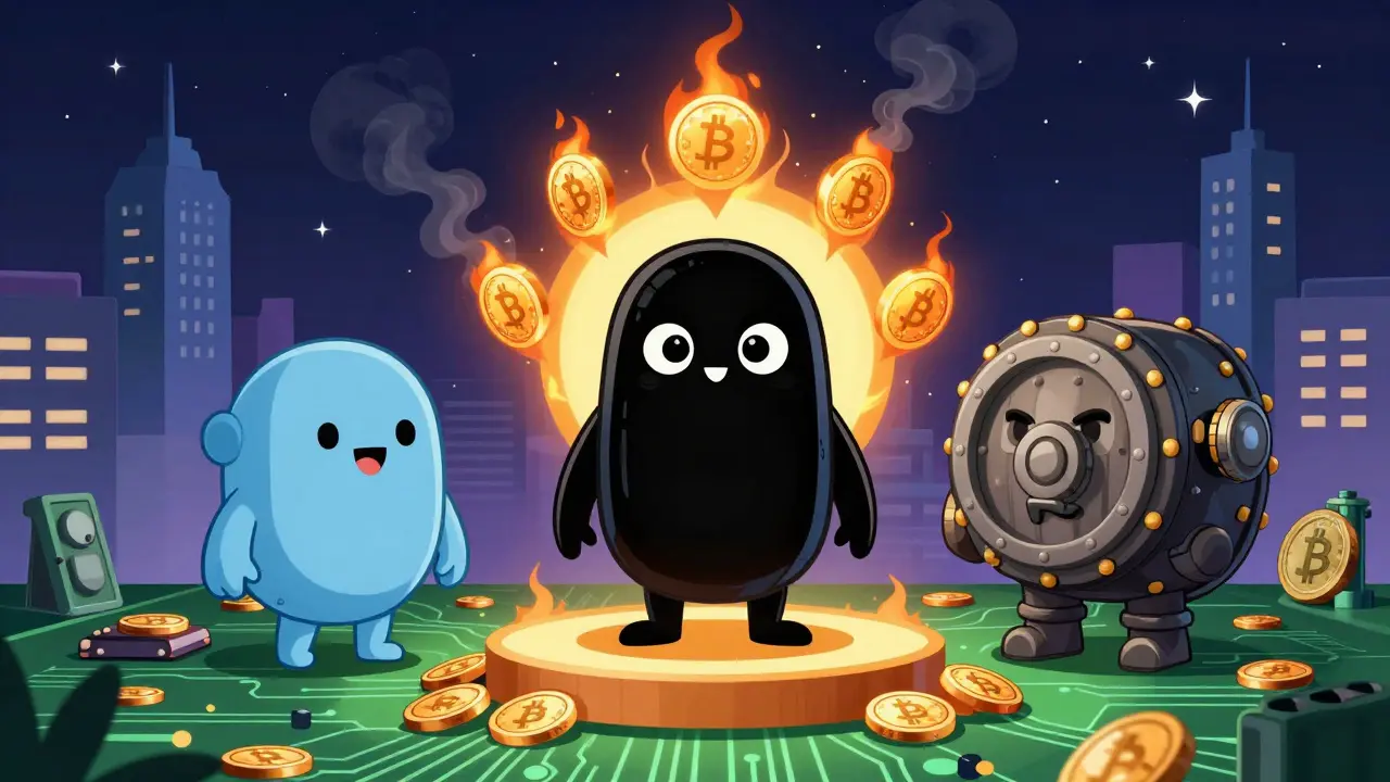 Anthropomorphic DeFi mascots competing on a blockchain stage with burning tokens in background.