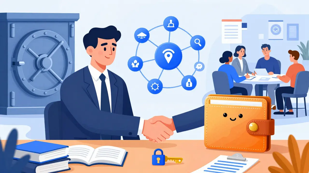 Banker and crypto wallet shaking hands for financial inclusion