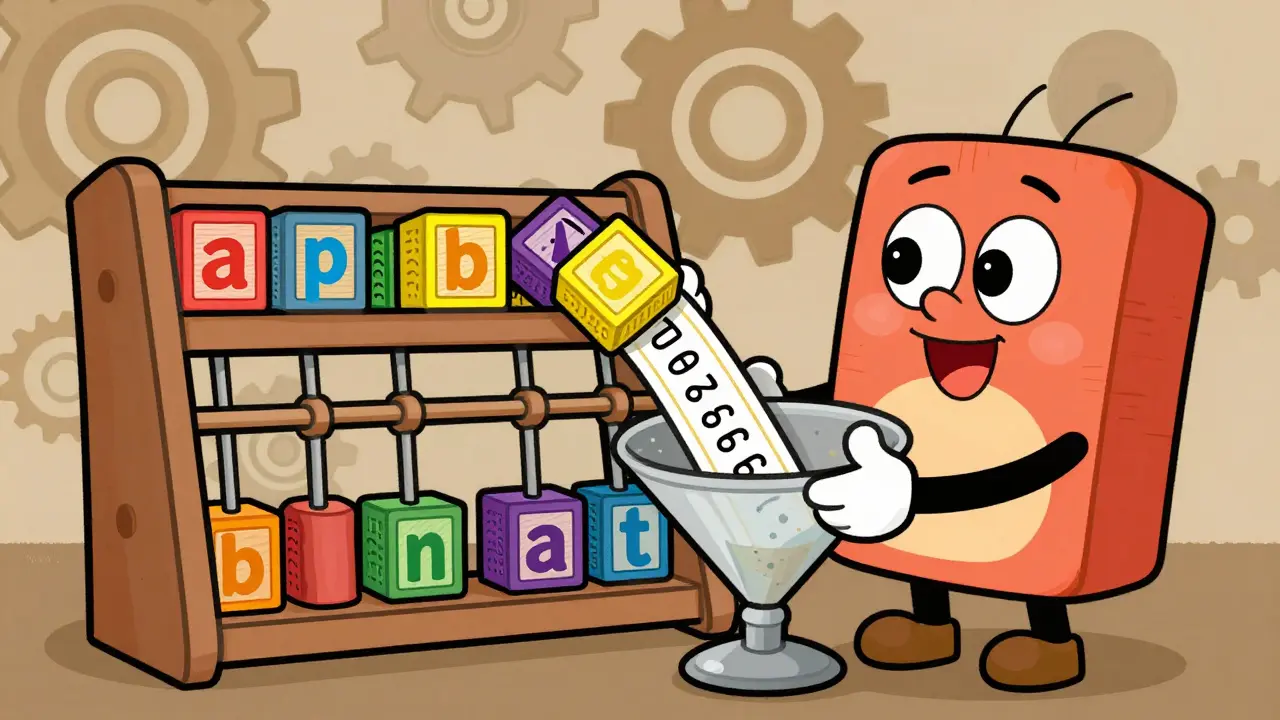 Cartoon calculator converting word blocks into binary code