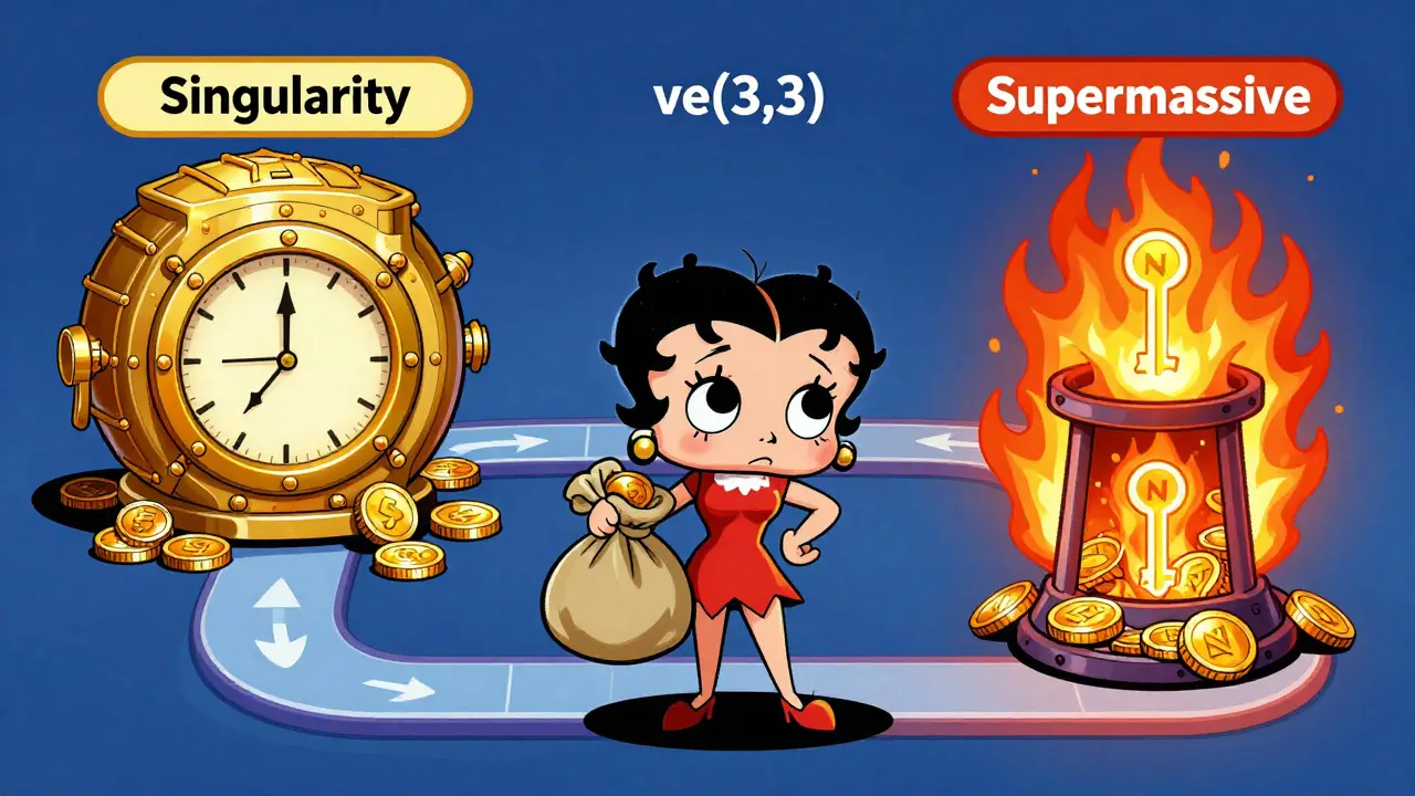 Cartoon character choosing between locking tokens in a vault or burning them for NFT keys.