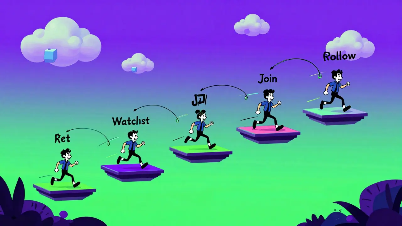 Cartoon character navigating a colorful digital obstacle course of tasks