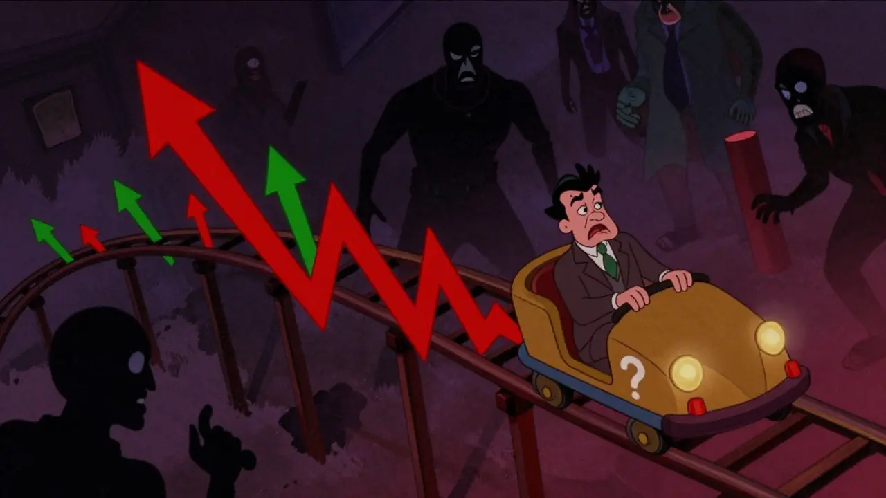 Cartoon character on a risky financial rollercoaster amidst dark, ominous shadows