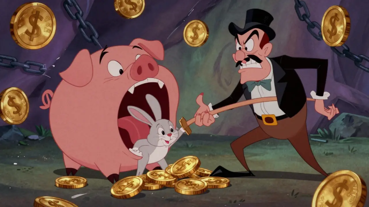 Cartoon villain trapping a victim in a golden coin representing a crypto scam.
