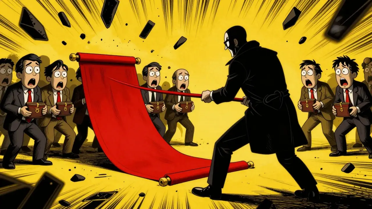Cartoon villains pulling a rug under investors to show crypto scam risks.