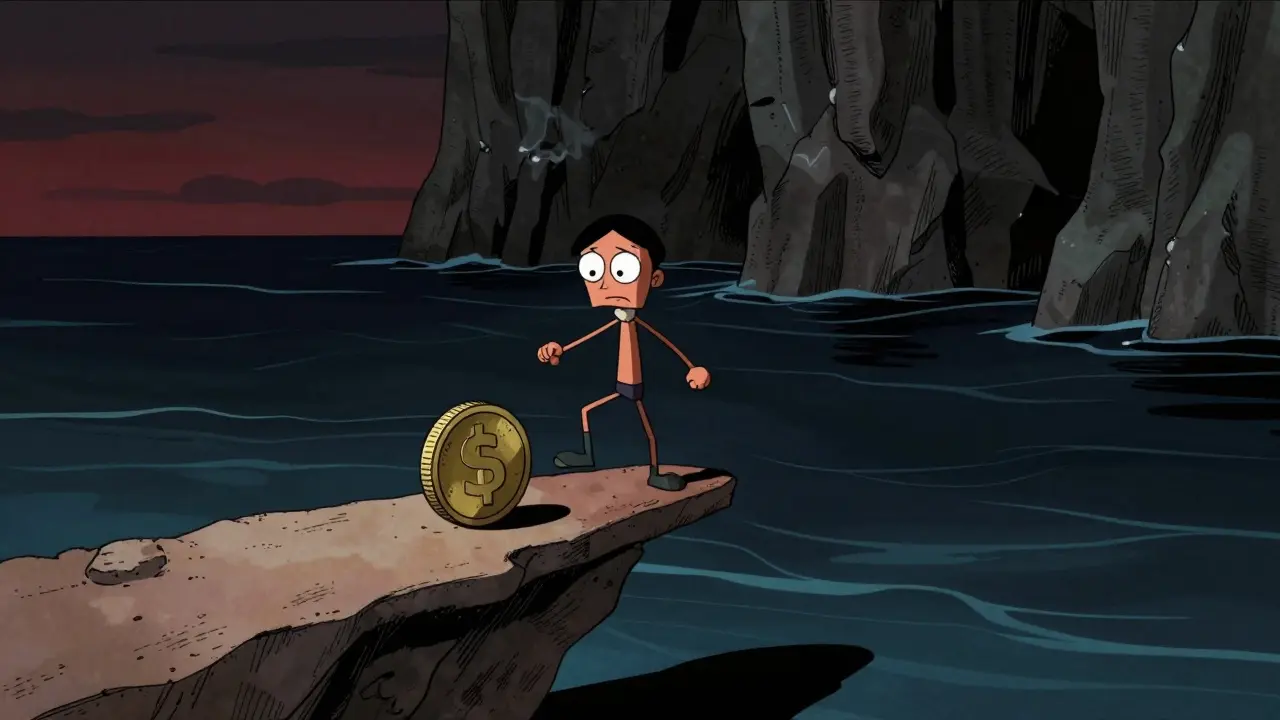Character balancing on fragile platform over dark ocean