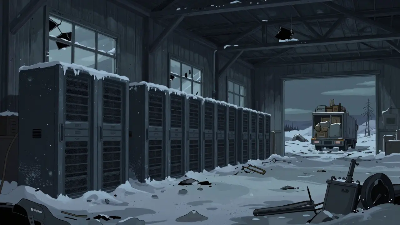 Desolate cartoon of abandoned, dusty mining rigs in a frozen Swedish warehouse