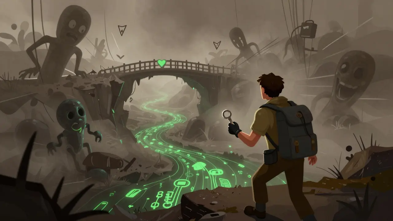 Explorer crossing risky DeFi bridge, Fleischer Studios animation