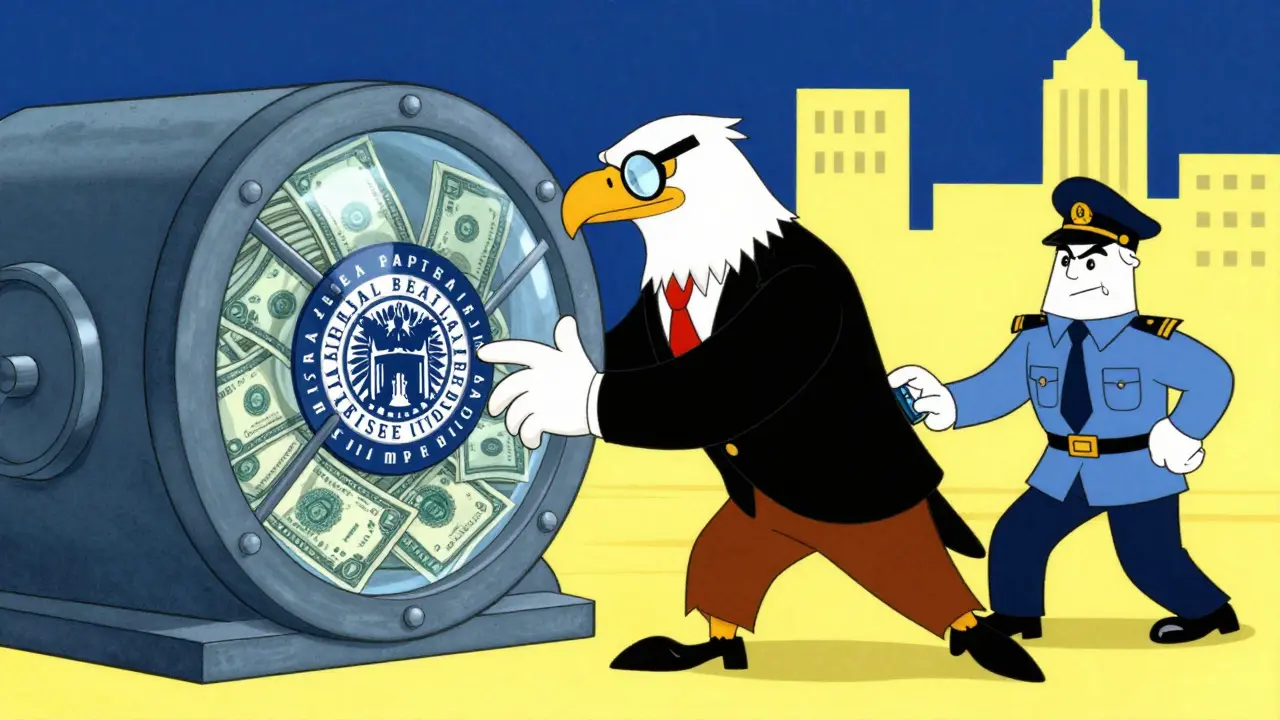 Fed eagle inspecting vault while blocking tech startups