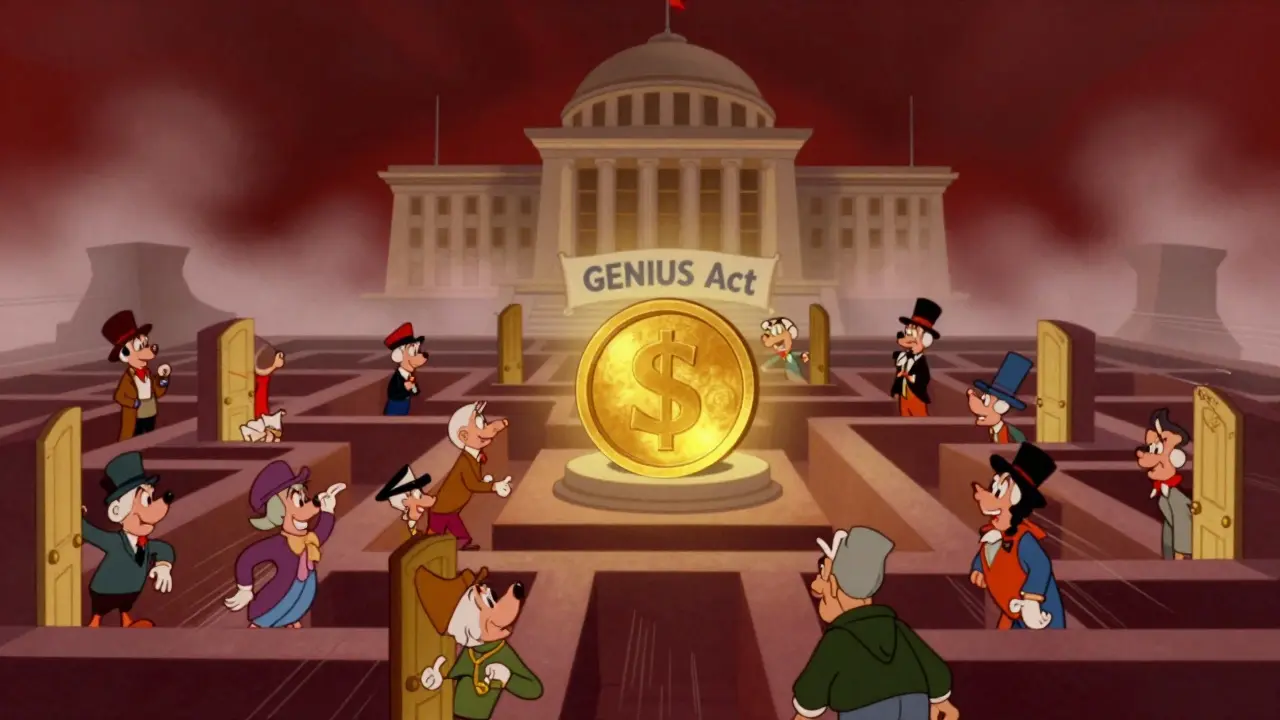 Federal GENIUS Act tower overlooking confused state regulators