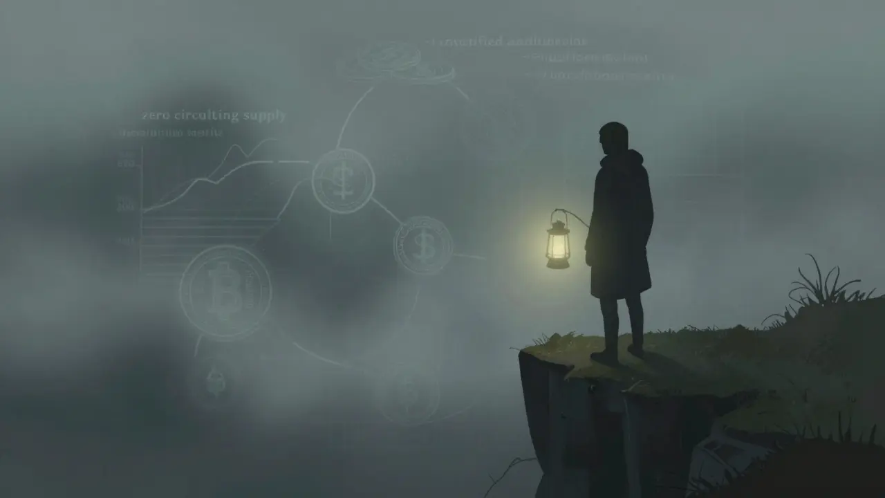 Figure with lantern looking into foggy, mysterious landscape