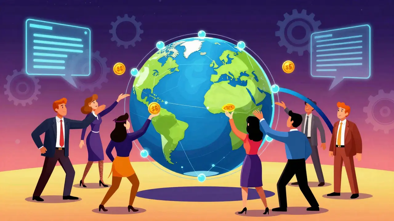 Global investors grabbing property tokens from a blockchain globe