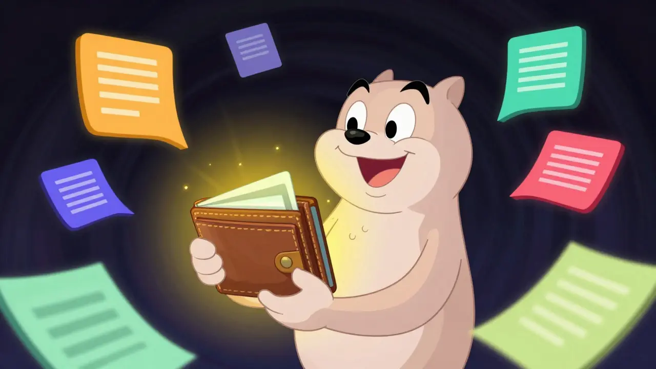 Happy character holding glowing digital wallet, representing self-custody and privacy