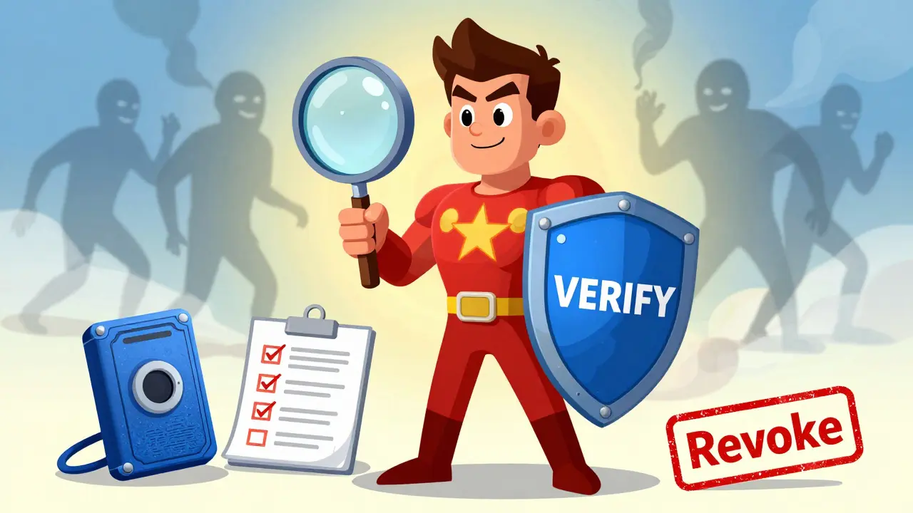 Heroic cartoon character using verification tools to defeat crypto scams