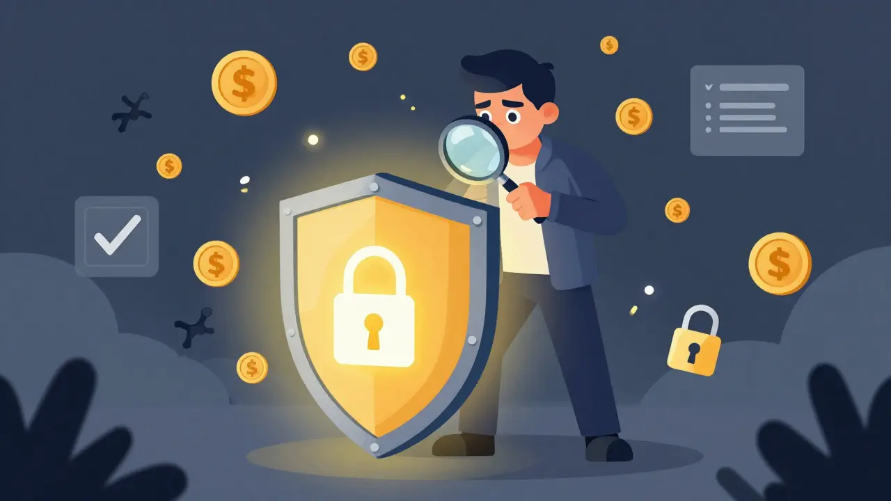 Heroic character shielding assets with a lock while inspecting suspicious links.