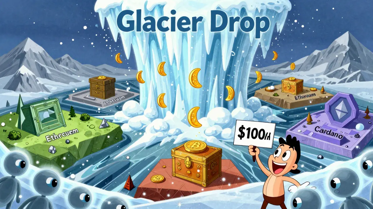 Icy avalanche dropping crypto tokens into blockchain valleys