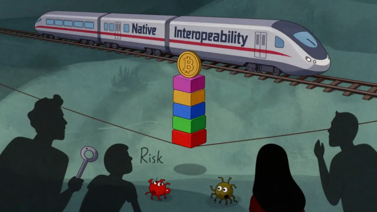 Illustration of stacked token blocks on a tightrope with future tech approaching above.