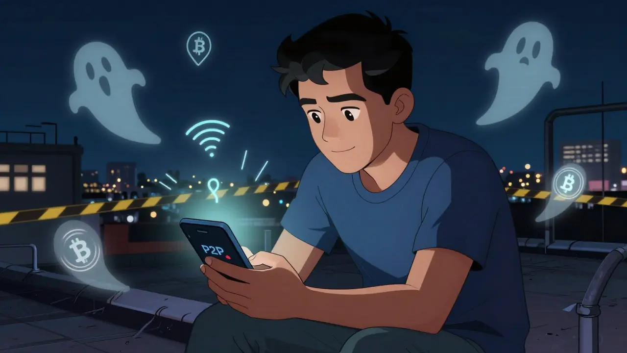 Man looking at phone on rooftop with floating crypto risk icons