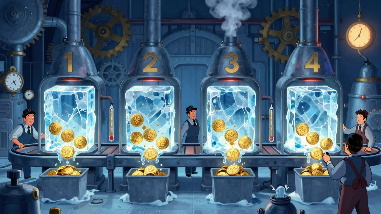 Mechanical ice factory gradually melting crypto token blocks