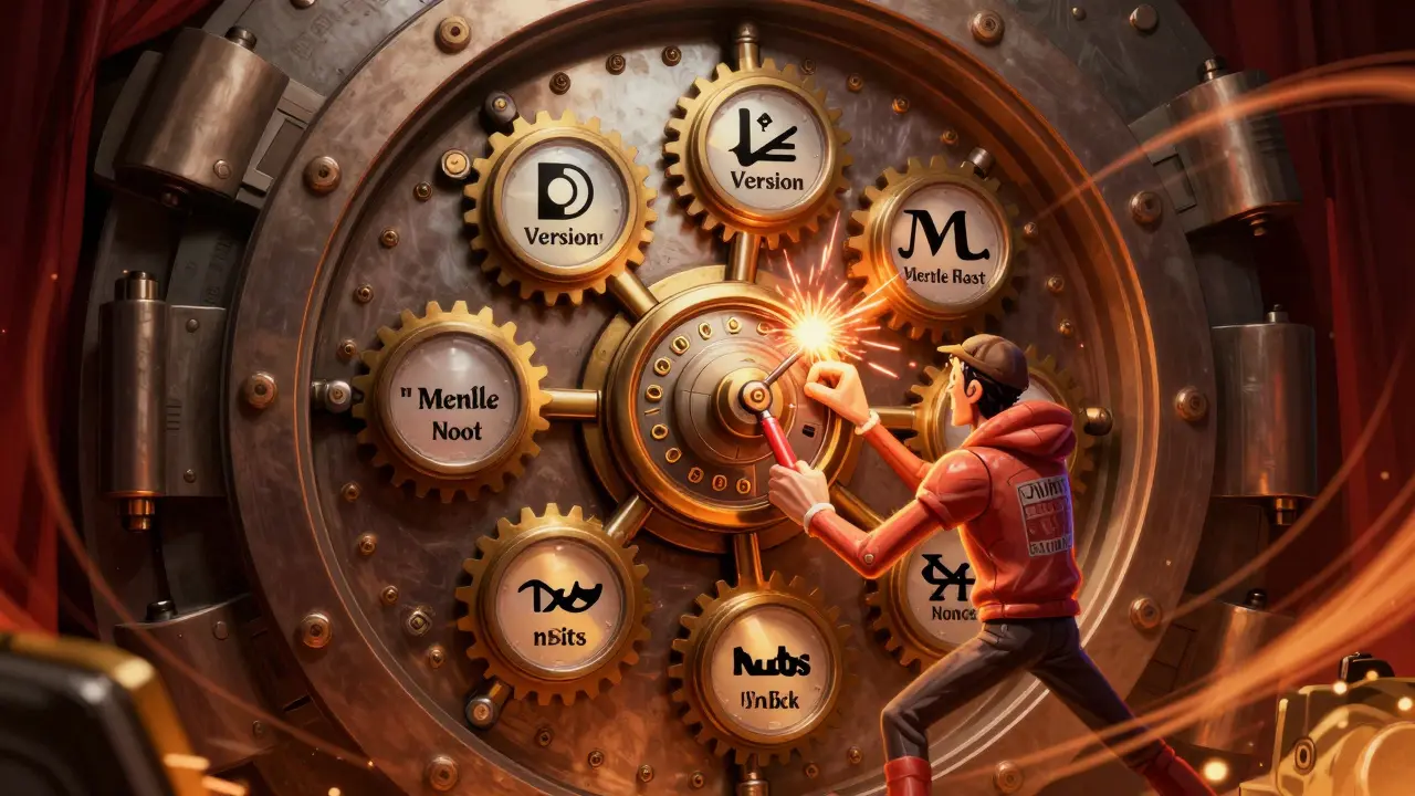 Miner turning nonce dial on a mechanical Bitcoin block header vault in cartoon style.