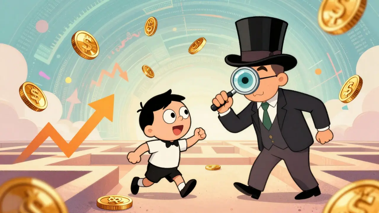 Novice trader guided by an expert through a maze of golden coins and trends