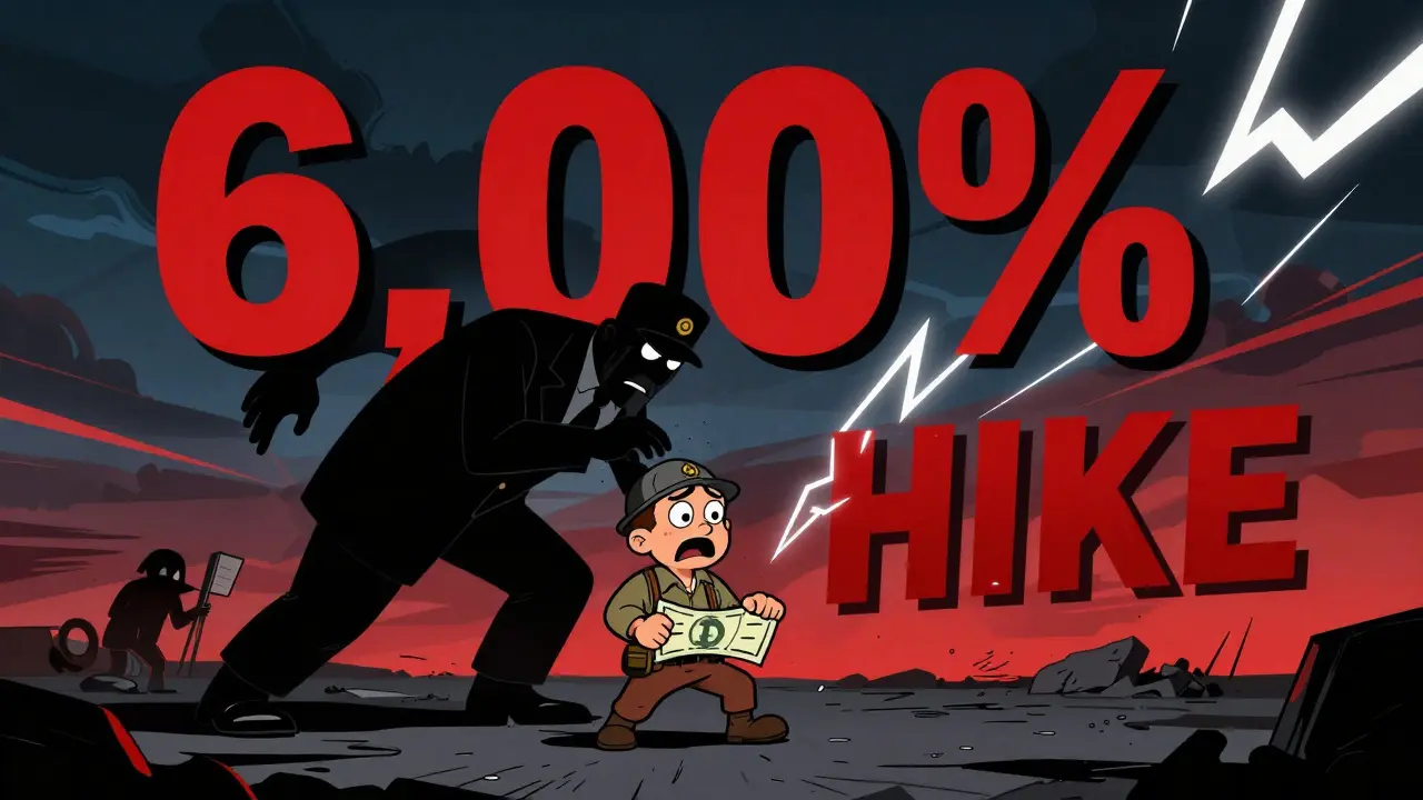 Ominous cartoon of a miner crushed by a giant tax bill under stormy skies