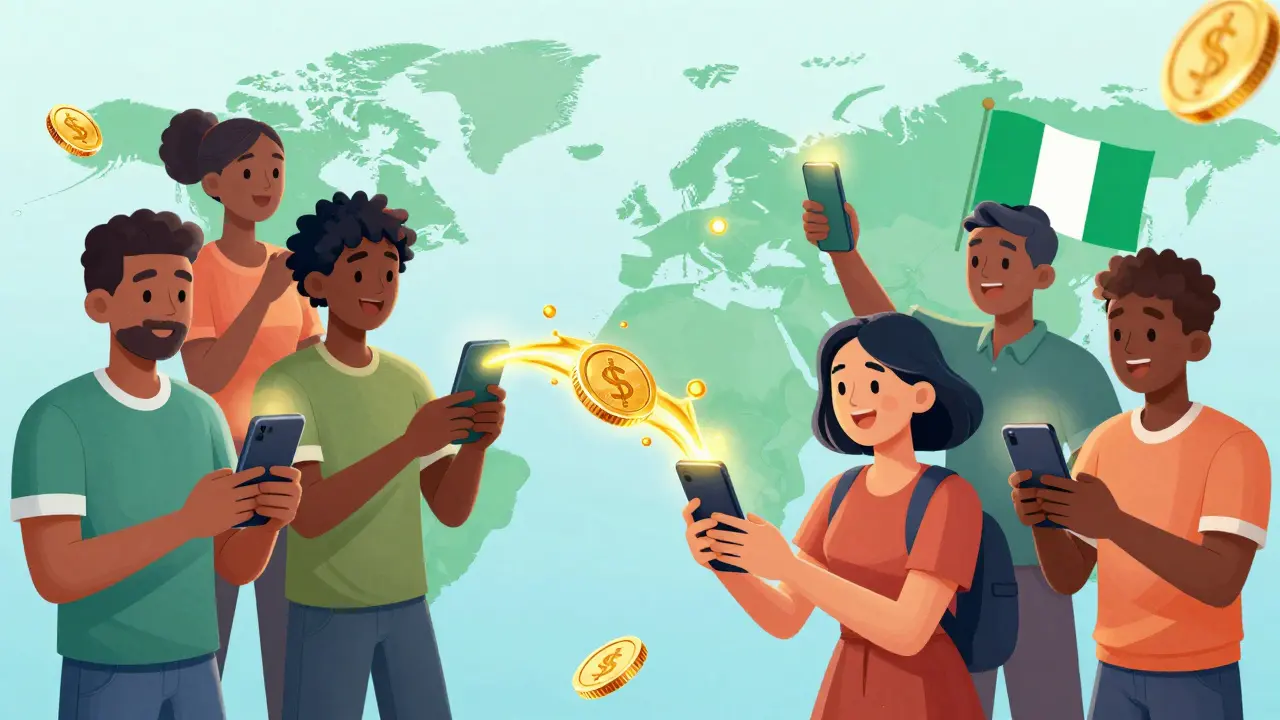 People sending crypto remittances via smartphones globally
