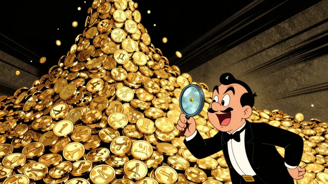 Retro illustration of a giant pile of tiny tokens with an investor examining one
