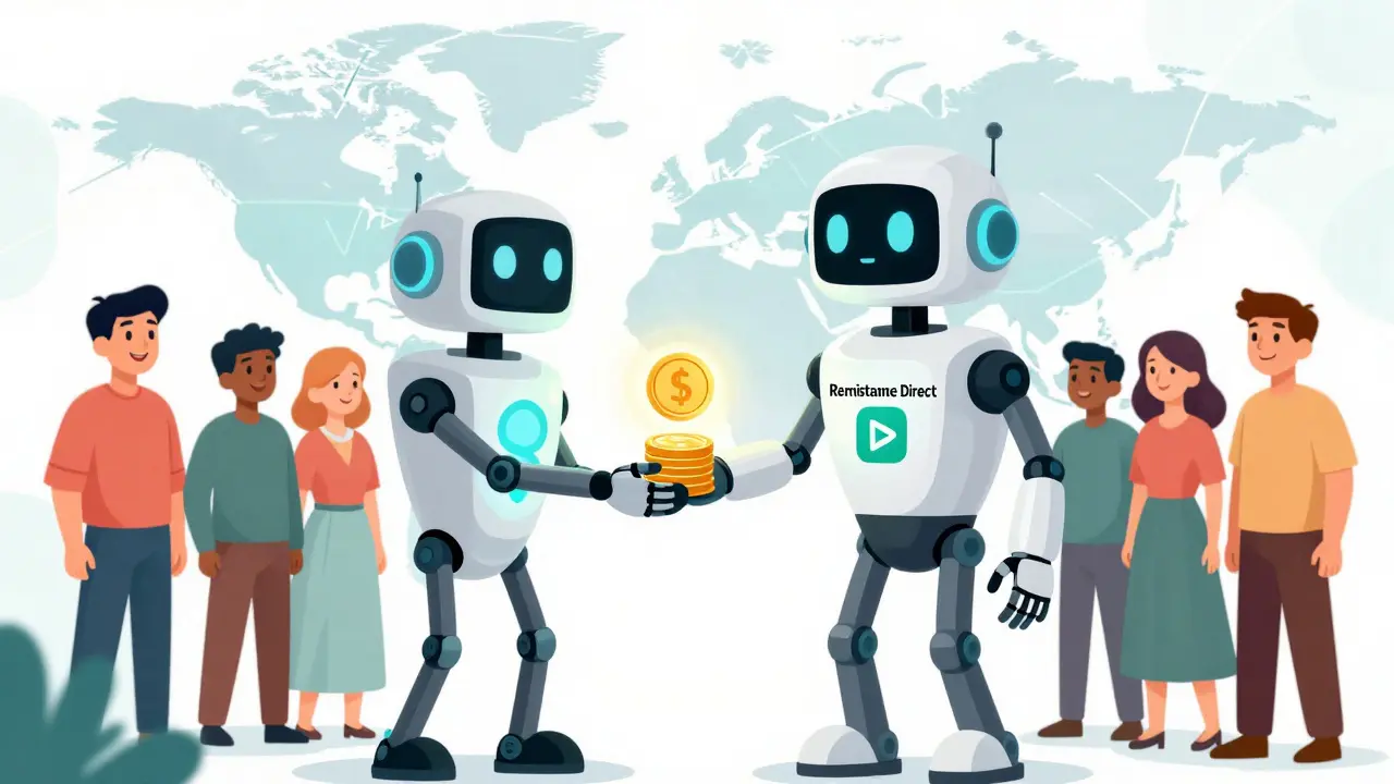 Robot distributing digital coins to citizens in retro animation style