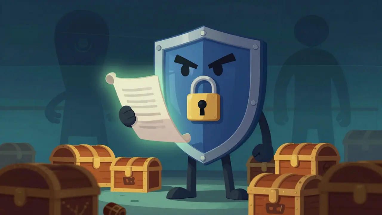 Shield character guarding treasure chests against shadowy figures in vintage art