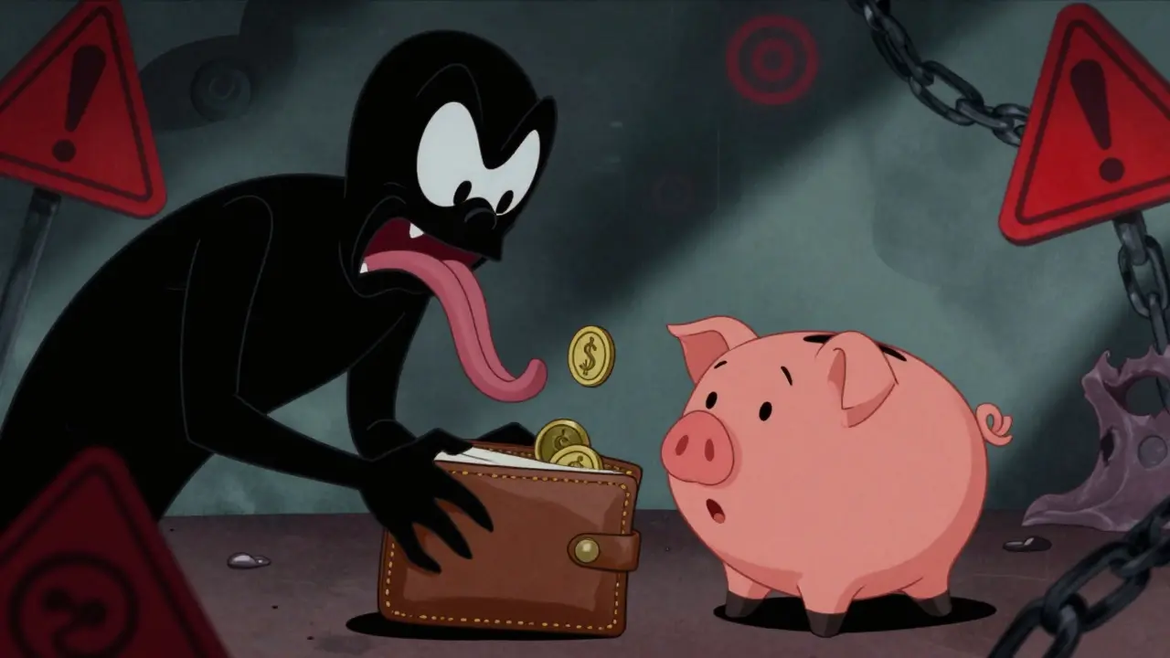 Sinister cartoon thief draining funds from a shocked piggy bank wallet