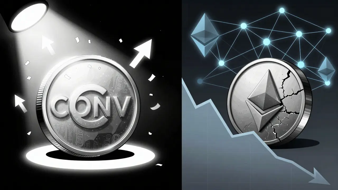 Split image showing shiny token vs cracked token on market graph