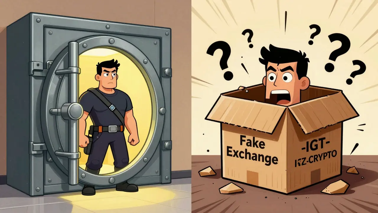 Split screen comparing a secure vault to a hollow box representing a fake exchange.