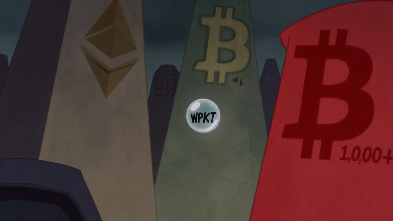 Tiny WPKT bubble vs giant crypto towers, vintage cartoon style