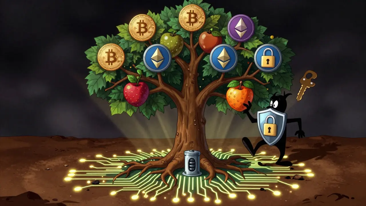 Tree growing crypto fruits from a secure seed vault root