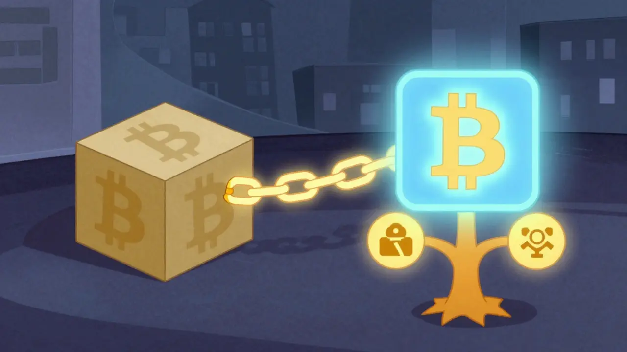 Two Bitcoin blocks linked by a golden chain with a Merkle tree growing in illustration.