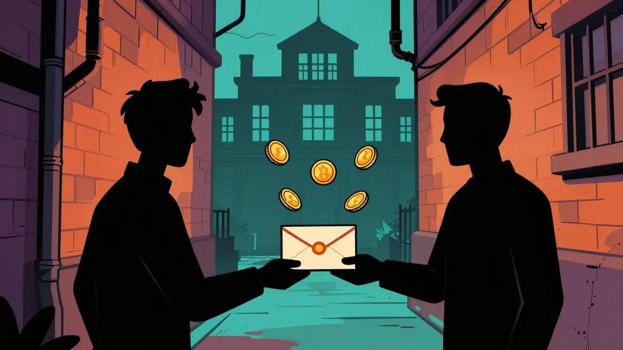 Two people exchanging cash for digital coins secretly