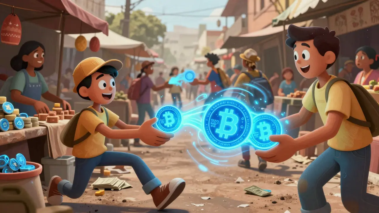 Vendors exchanging glowing digital coins in a busy street market