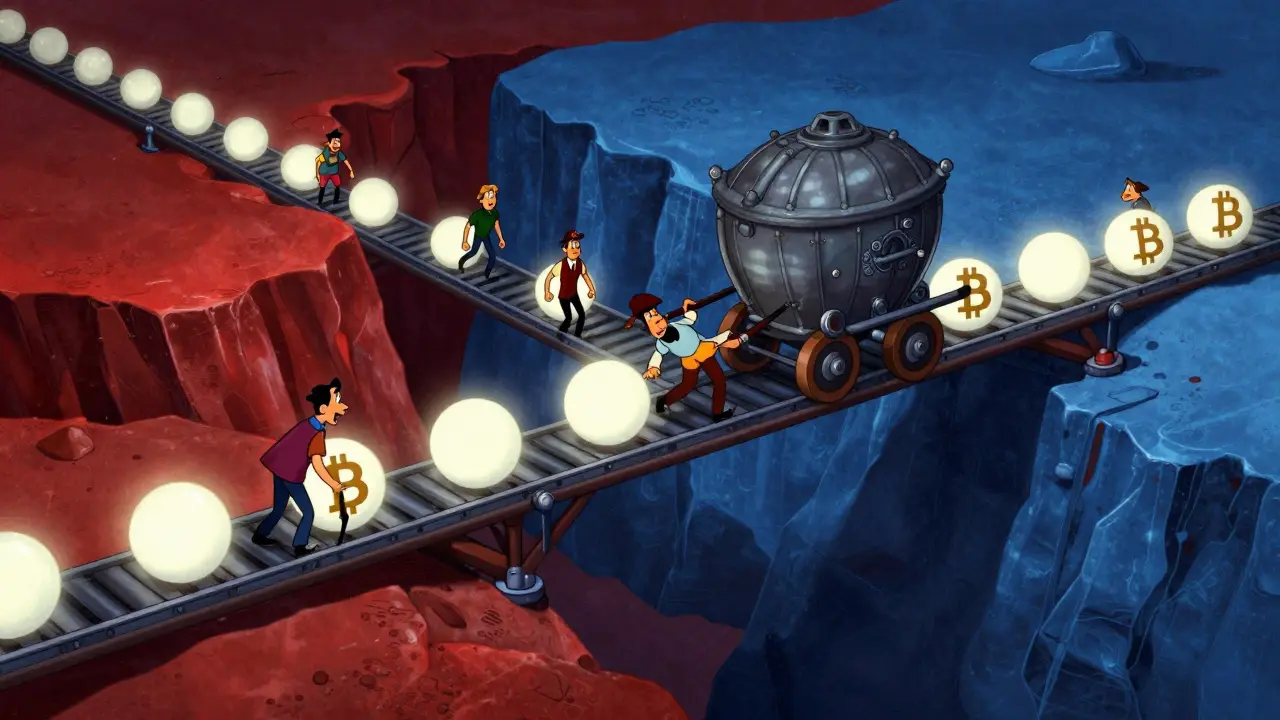 Vintage animation style showing wrapped assets moving across a bridge between blockchains.