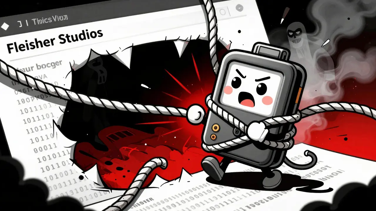 Vintage-style wallet character trapped by malicious code ropes in a phishing scene.