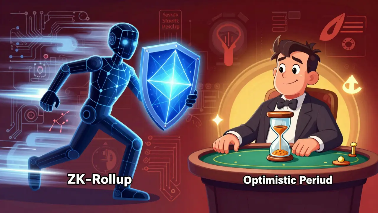 ZK-Rollup vs Optimistic Rollup characters comparing speed and security