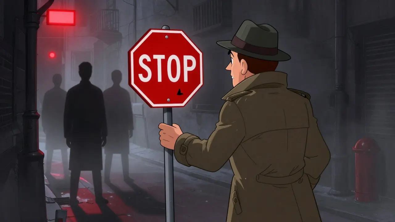 A detective inspecting a warning sign near shadowy figures, representing investment risks.
