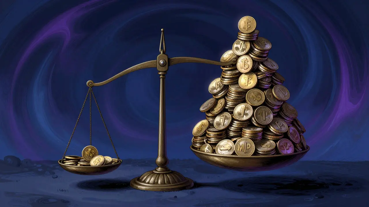 A tiny coin vs a massive mountain of tokens showing extreme supply imbalance