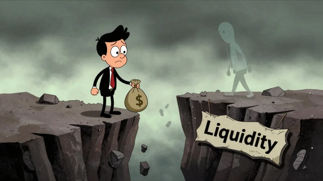 An investor hesitating at a liquidity cliff while a developer fades away