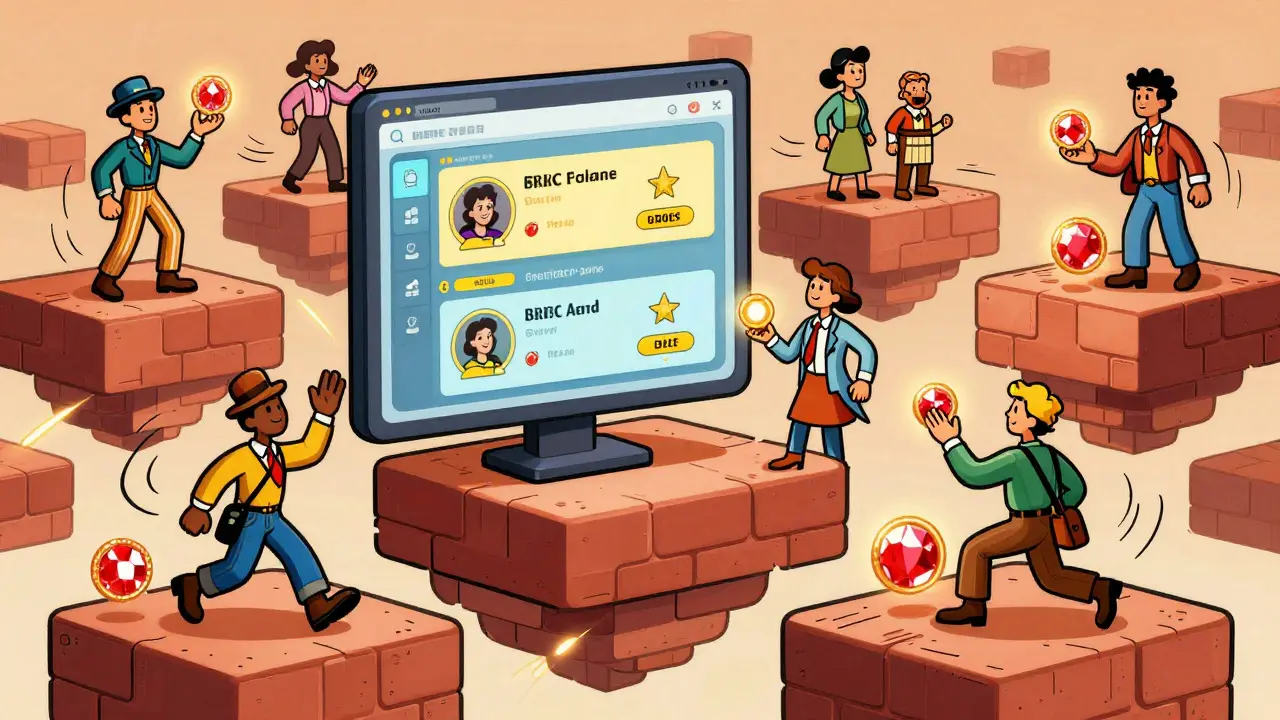 Animated characters trading glowing red tokens in a marketplace