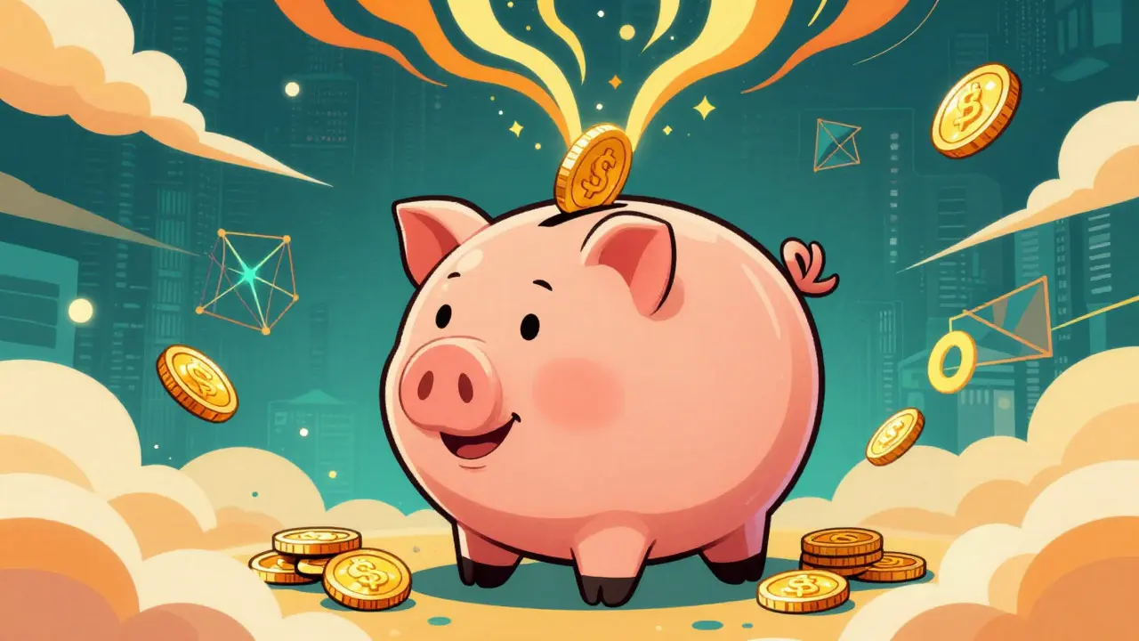 Animated piggy bank growing larger as it absorbs gold coins, symbolizing staking yield.